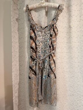 Vintage Anna Sui Women’s Sleeveless Patterned Silk Summer Dress in Beige/Blue